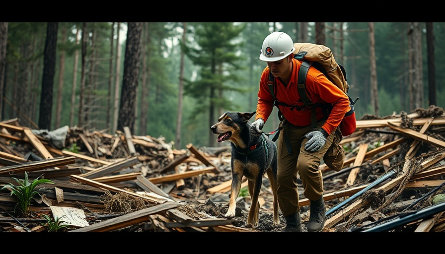 FEMA worker and dog search debris amid budget cut controversy.