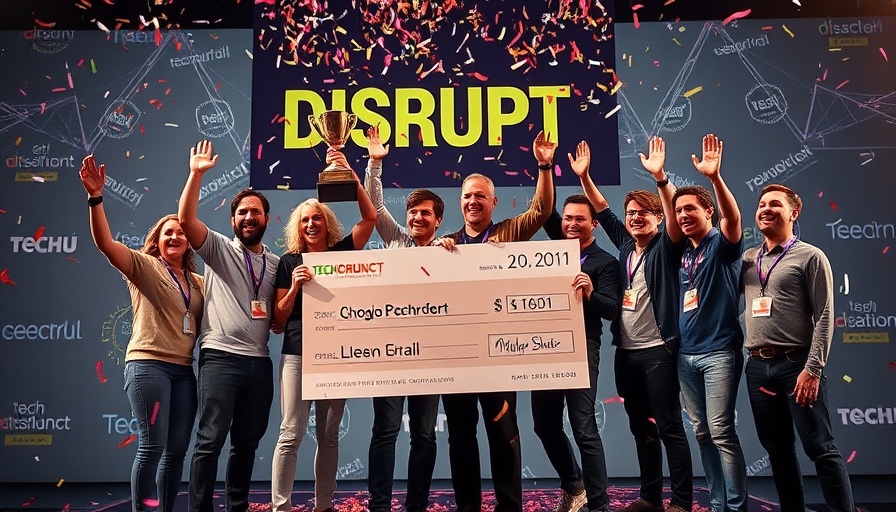 2025 Startup Battlefield winners with trophy and check on stage.