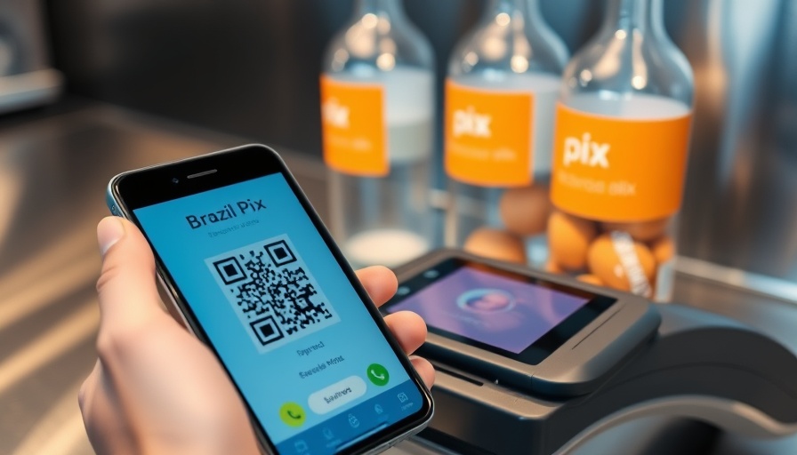 Smartphone using Brazil Pix payment at a terminal with QR code.