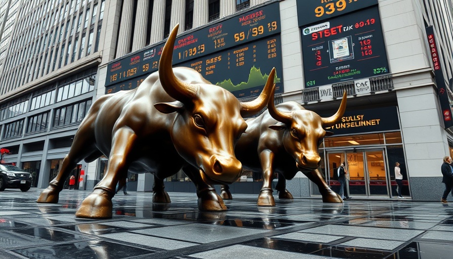 Bull statues at financial district with stock ticker display, symbolizing Chinese stocks surge investment strategies.
