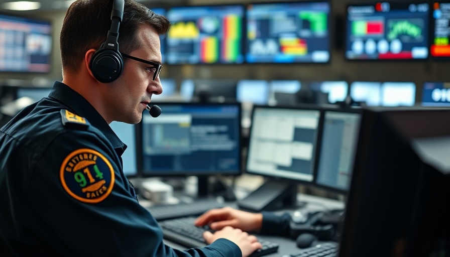 AI integration in 911 dispatch centers with advanced monitors.
