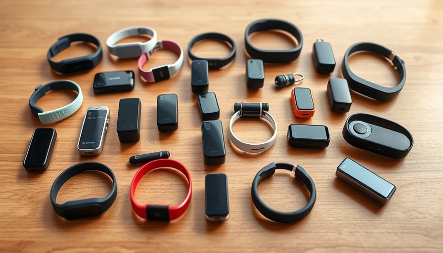 Sleek rechargeable trackers arranged on a table.
