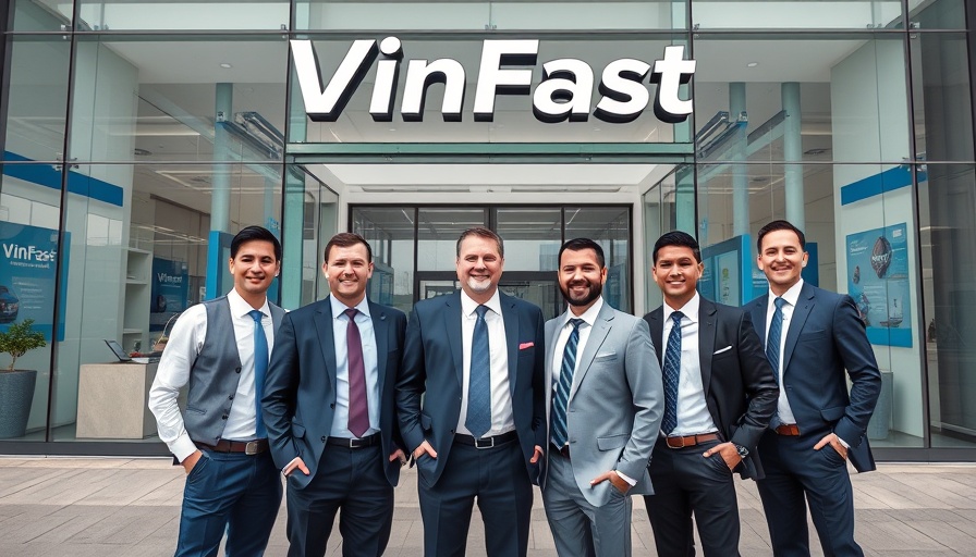Businessmen at VinFast showroom opening, reflecting Gulf investments in Asia.