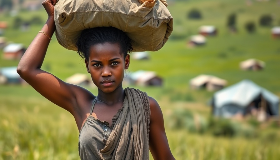 Refugee woman carrying aid sack in camp amidst hunger crisis