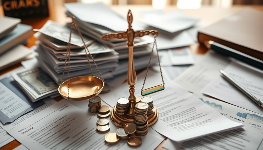 Abstract financial documents and scales for who pays for bankruptcy.