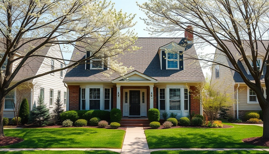 Charming suburban house with spring greenery, photorealistic view.