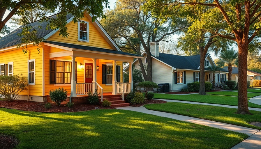 Charming yellow house for sale, bright sky, manicured lawn