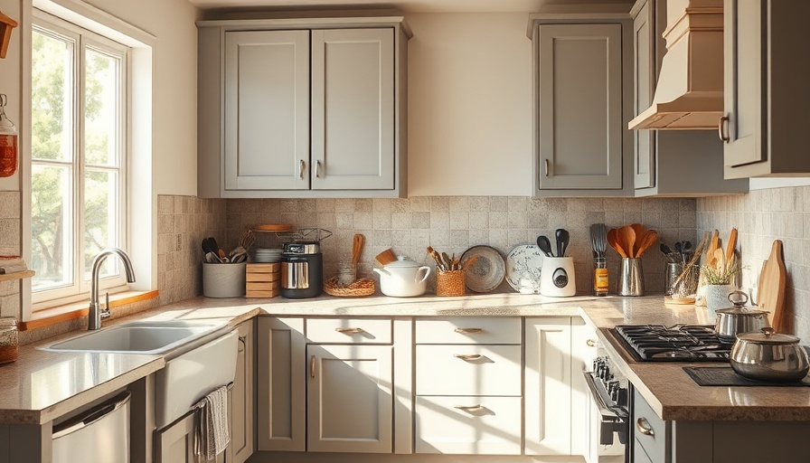 Sunlit kitchen with gray cabinets, warm atmosphere, home inspection setting