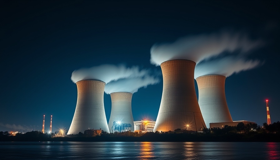 Nuclear power plant at night with cooling towers and reflections, highlighting Trump's assault on US nuclear watchdog.
