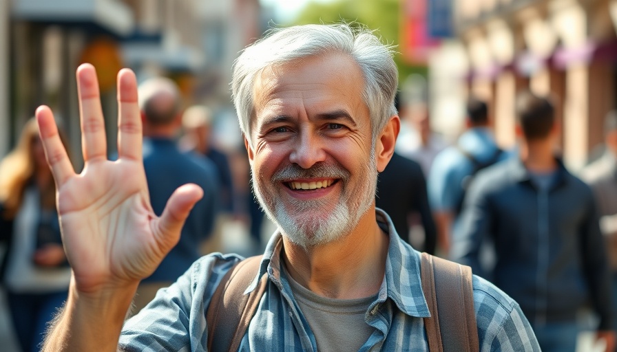 Smiling man in pink sweater waving outdoors