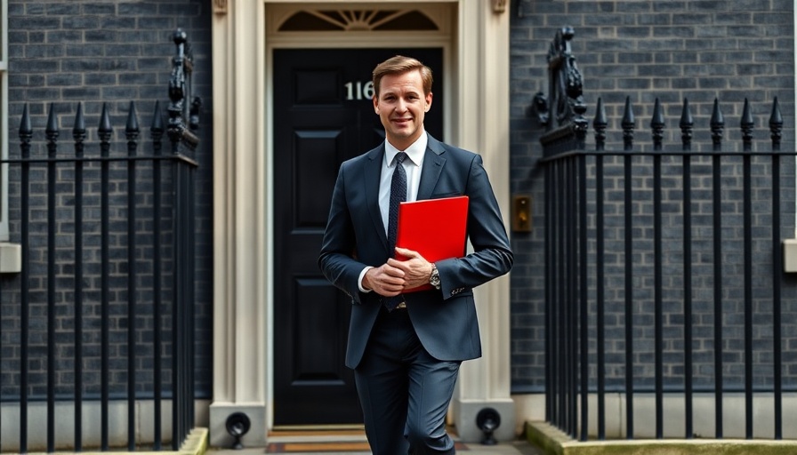Confident man walking by Downing Street, holding a folder.