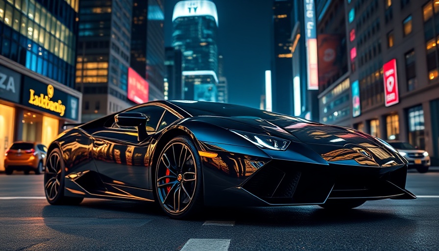 Sleek Lamborghini on city street under urban lights, highlighting luxury.