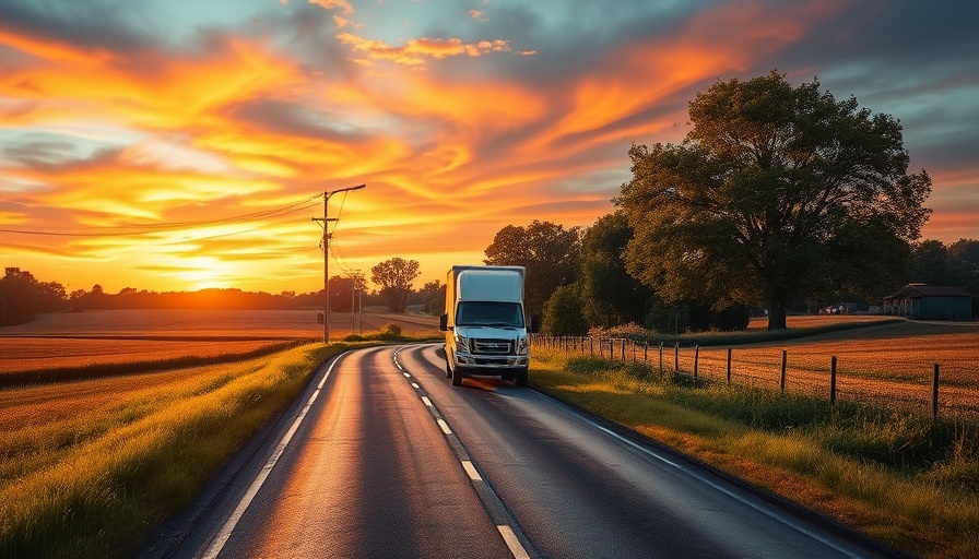 Rural road with delivery van from Dollar General, sunset background.