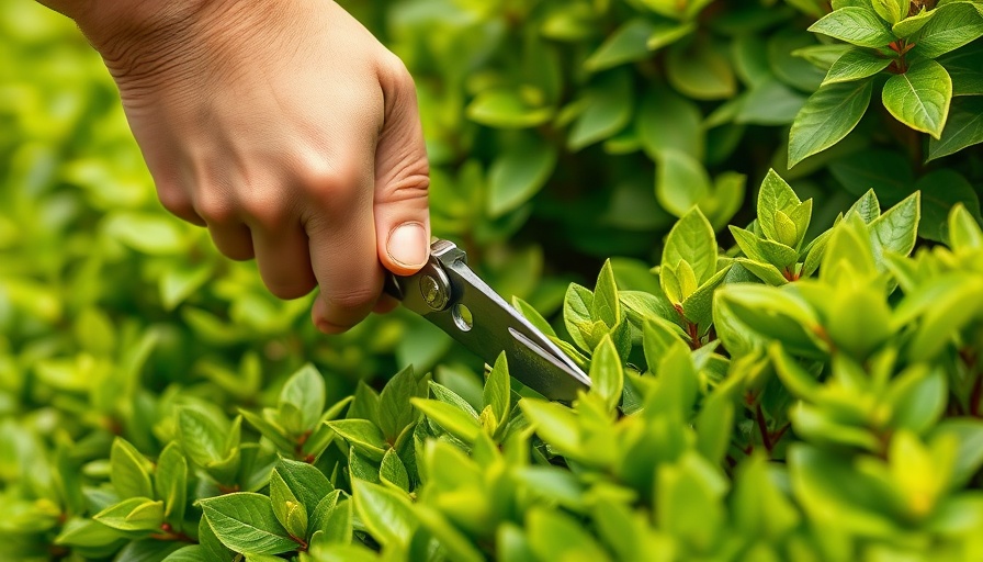 Hand trimming lush green hedge with garden shears