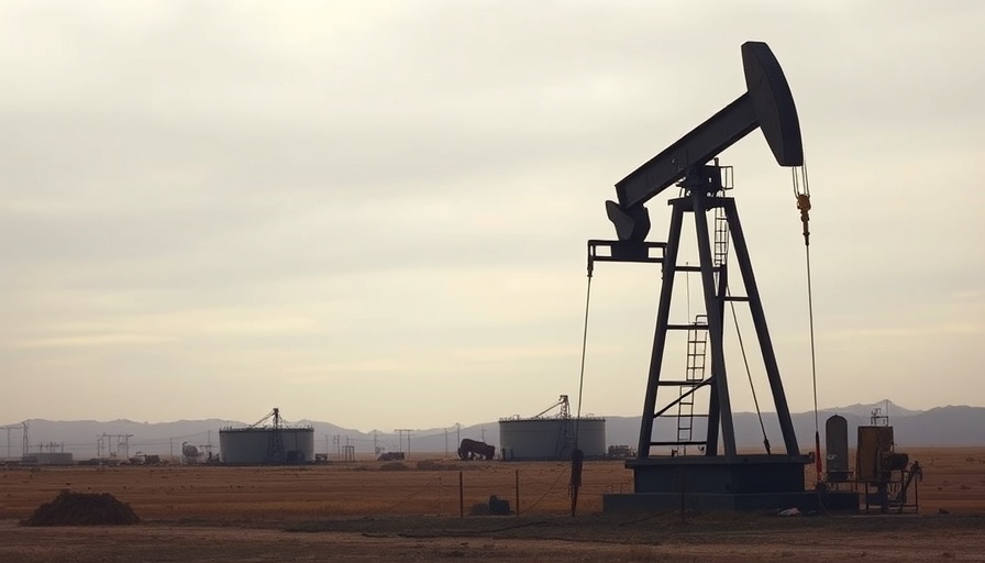 Oil price rise scene with silhouetted pumpjack and storage tanks, overcast.