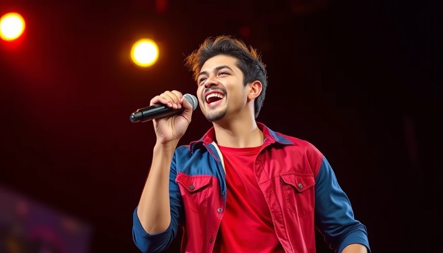 Performer in vibrant red jacket energetically holds a microphone on a dark stage.