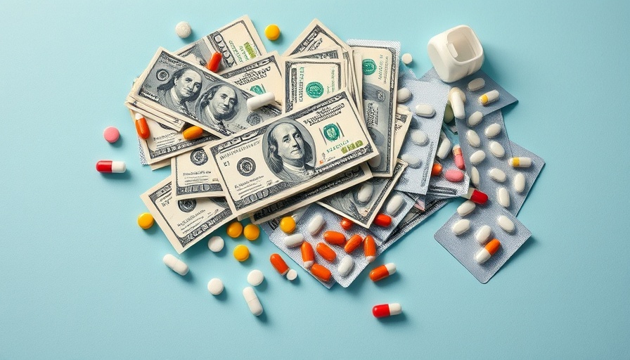 Scatter of pills and dollar bills reflecting rising medical expenses.