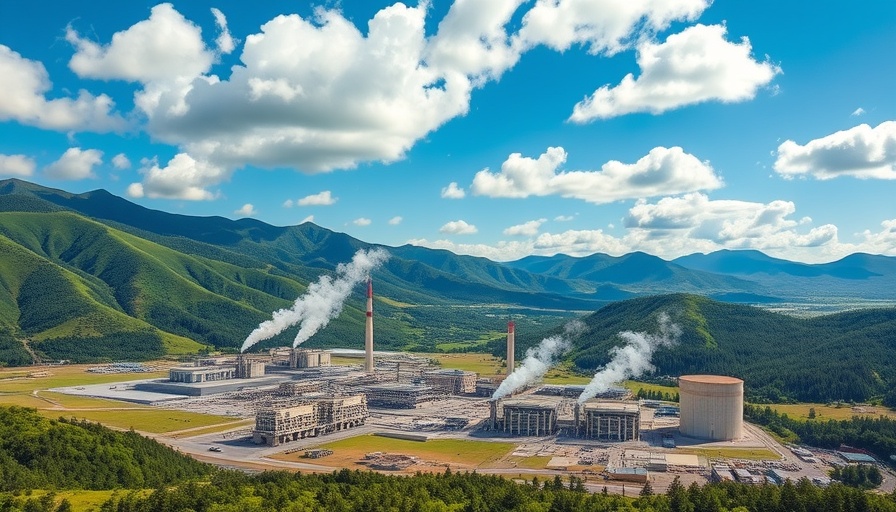 Geothermal power plant utilizing renewable energy in a lush green landscape.