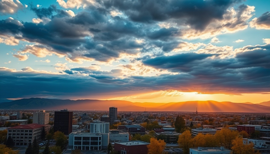 Boise Idaho cityscape with dramatic clouds and mountains.
