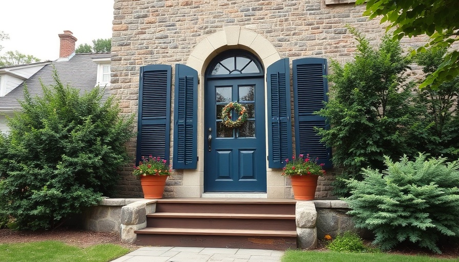 Exterior door with blue shutters, rustic steps, suburban setting.
