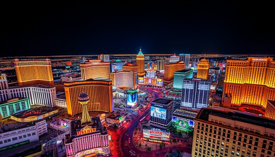 Vibrant Las Vegas nighttime cityscape with colorful lights.