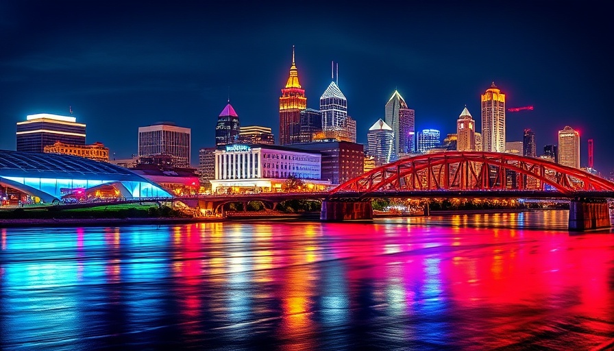 Vibrant Cincinnati skyline at night reflecting on the river.