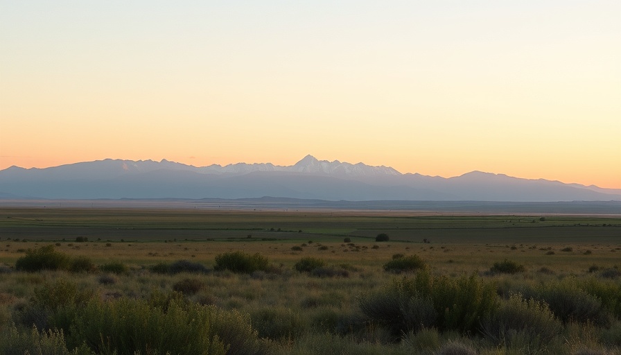 Peaceful landscape with snow-capped mountains at sunset.