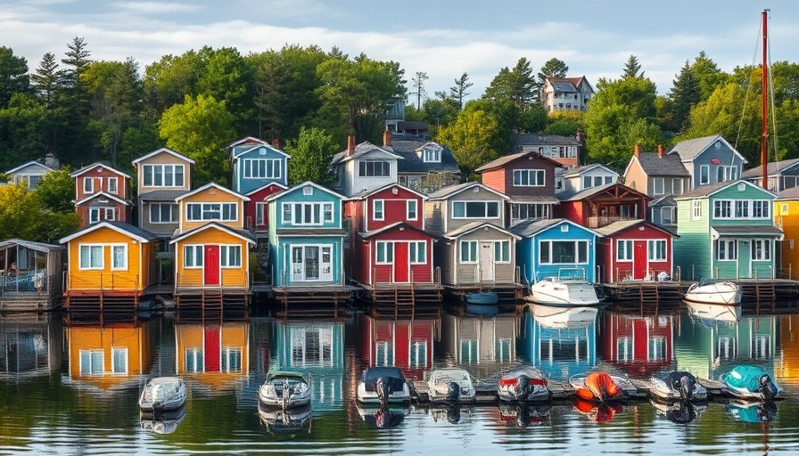 Colorful waterfront homes for sale in a serene community.