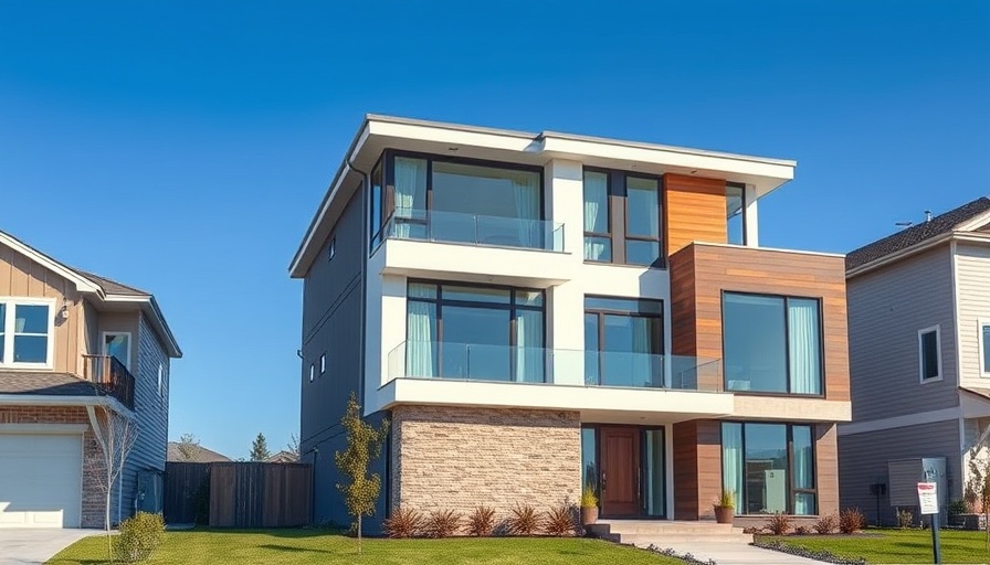 Modern homes for sale with large windows and mixed materials.