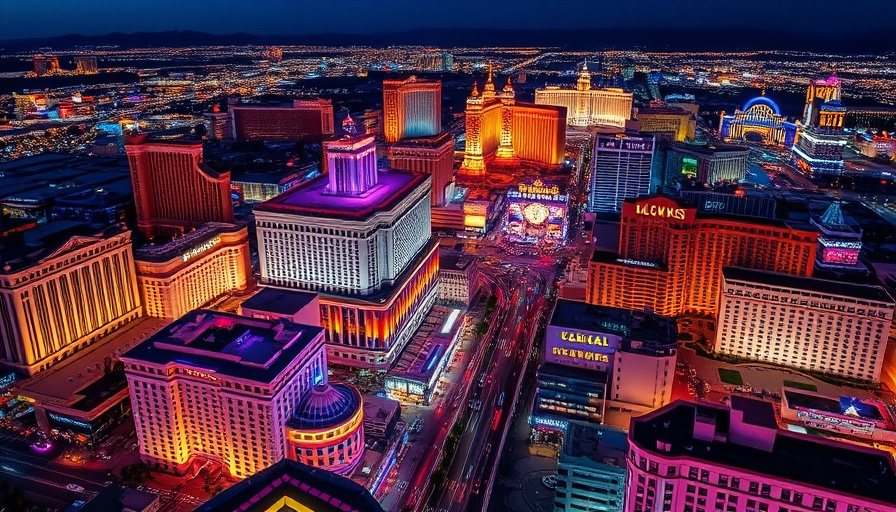Las Vegas Strip vibrant aerial view at night showcasing city lights.