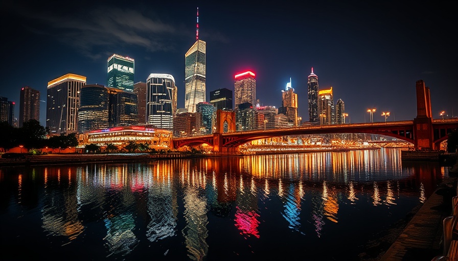 Vibrant city skyline reflecting on river, ideal homes for sale location.