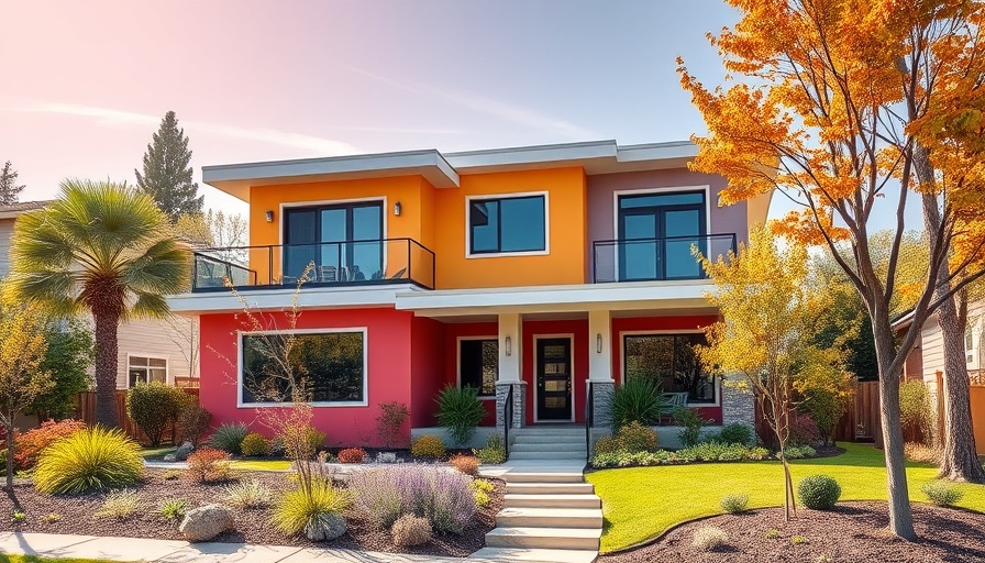 Modern suburban house with landscaped garden, vibrant and photorealistic.