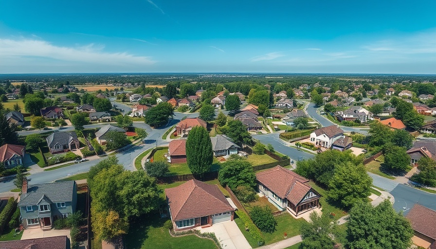 Aerial view of suburban homes for sale with lush greenery.