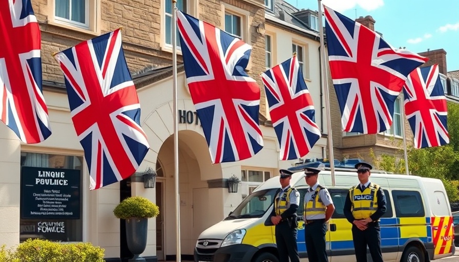 Union Jack flags at Essex hotel with police presence.