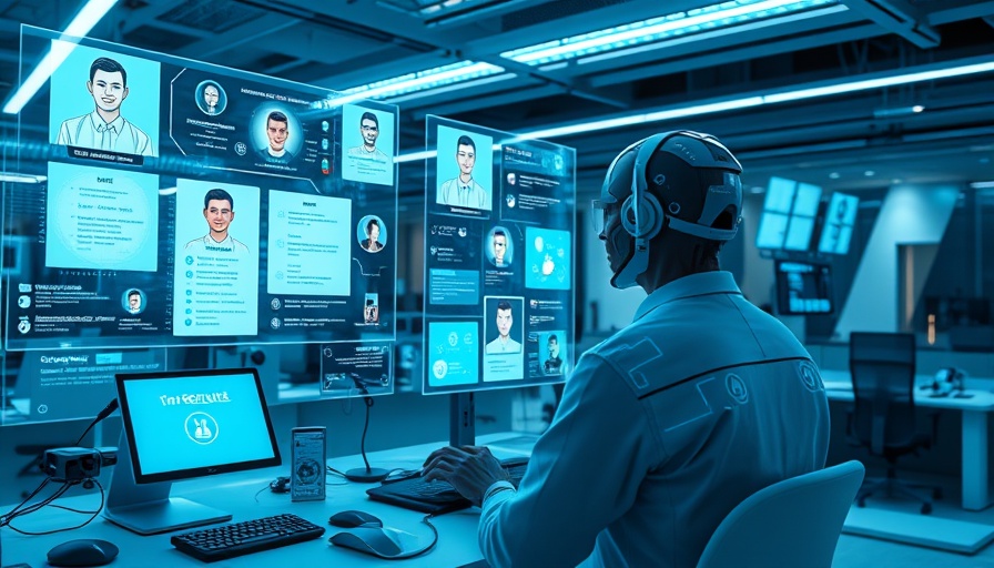 Futuristic office with AI recruiters and digital avatars, holographic screens show resumes, related to career catfishing.