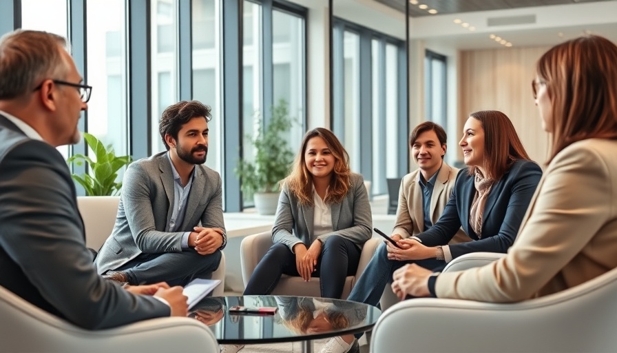 Professionals in AI communication coaching session in a modern office.
