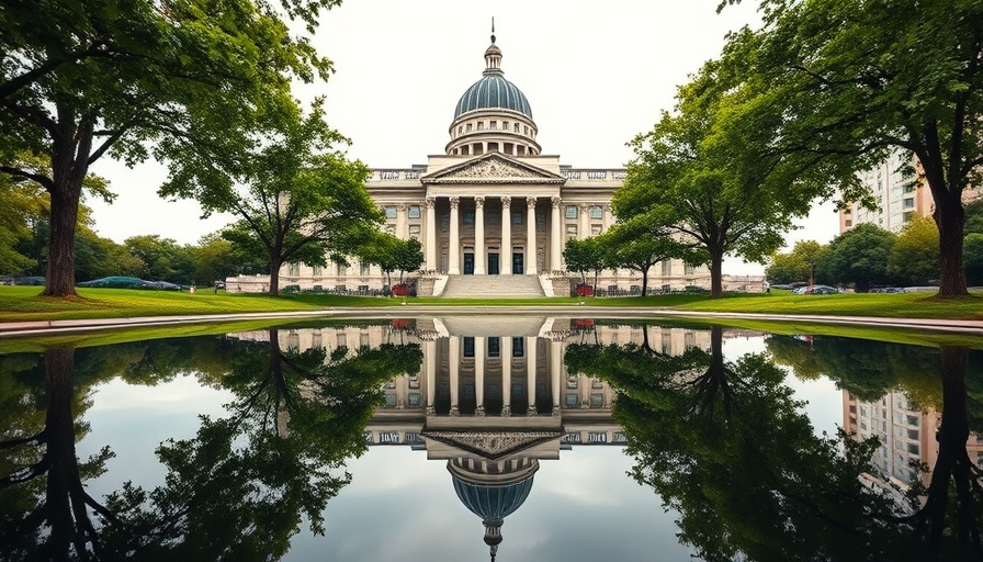 Grand federal building with tree reflections, Fed Hawks and Doves.