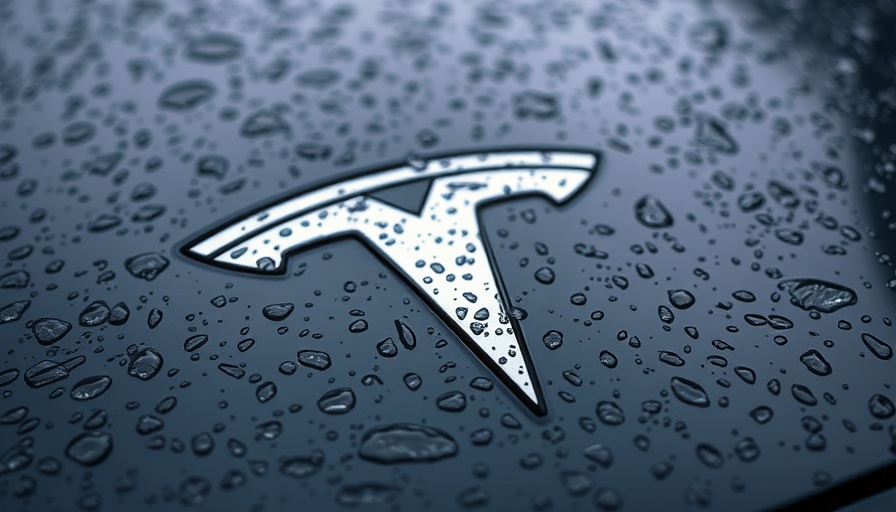 Tesla logo on wet car surface after rain