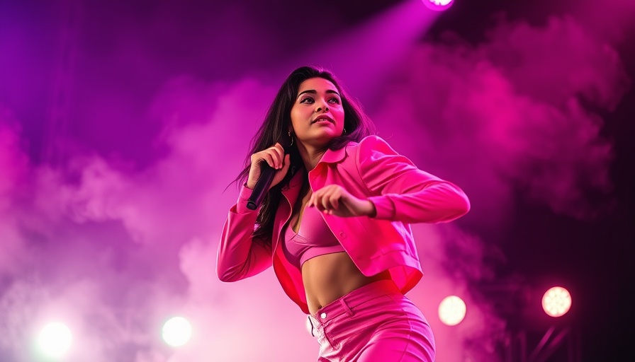 Jessie J in vibrant pink performing on stage with dramatic lighting.