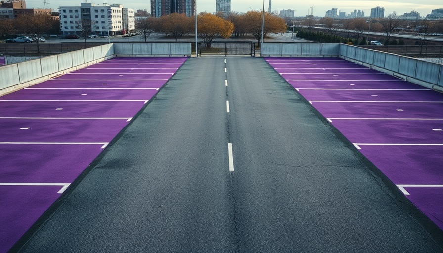 Purple parking spaces in an empty parking lot under daylight.