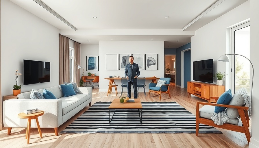 Modern living room with blue accents and a striped rug, unique styling ideas.