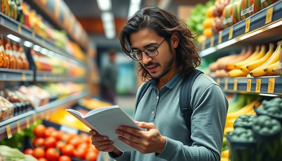 A person diligently checks their shopping list amidst fresh produce, emphasizing the psychology of debt.