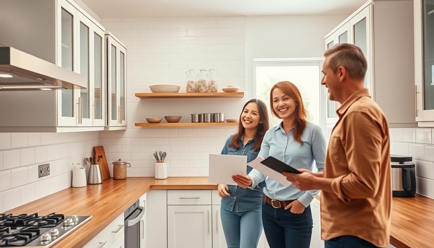 Couple with real estate agent inspecting a modern kitchen.