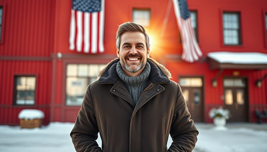 Pro-Trump influencer in Greenland standing by red building with American flag.