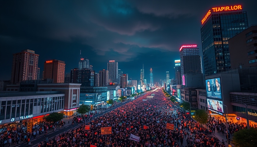 Thousands protest in Tel Aviv at night under skyscrapers.