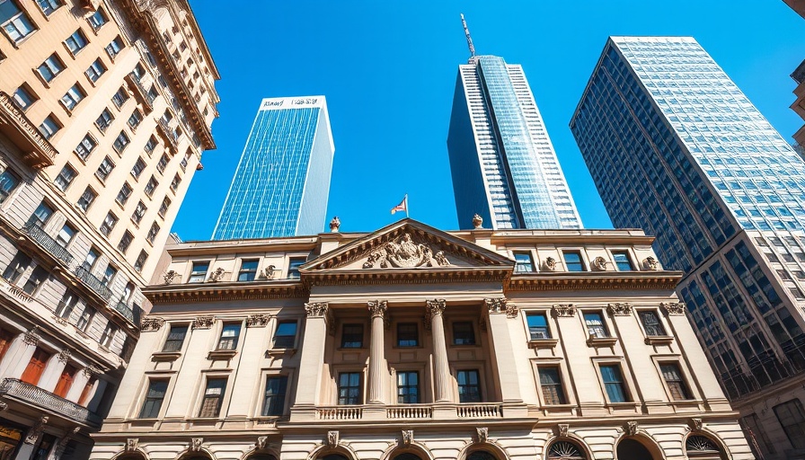 Historic bank with skyscrapers represents UK borrowing costs dynamics.