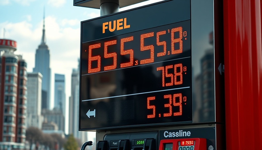 High gas prices displayed on a board with city skyline, California oil penalties.