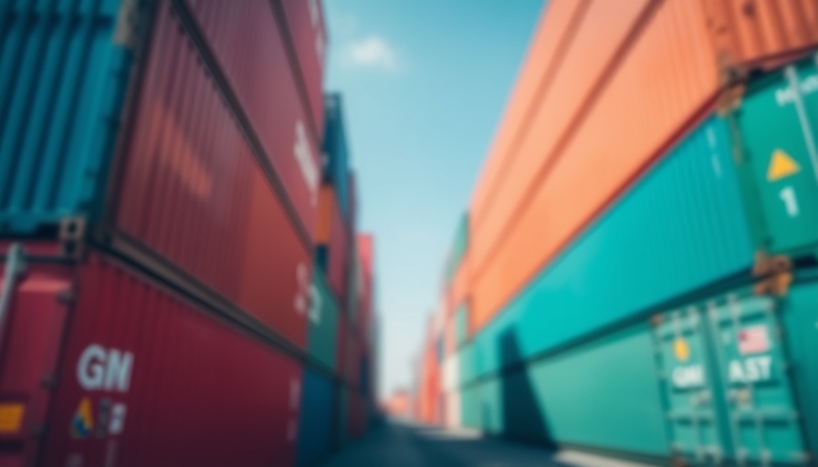 Blurred shipping containers symbolizing Trump tariffs risk.