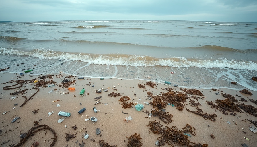 Polluted beach with trash highlighting fecal contamination.