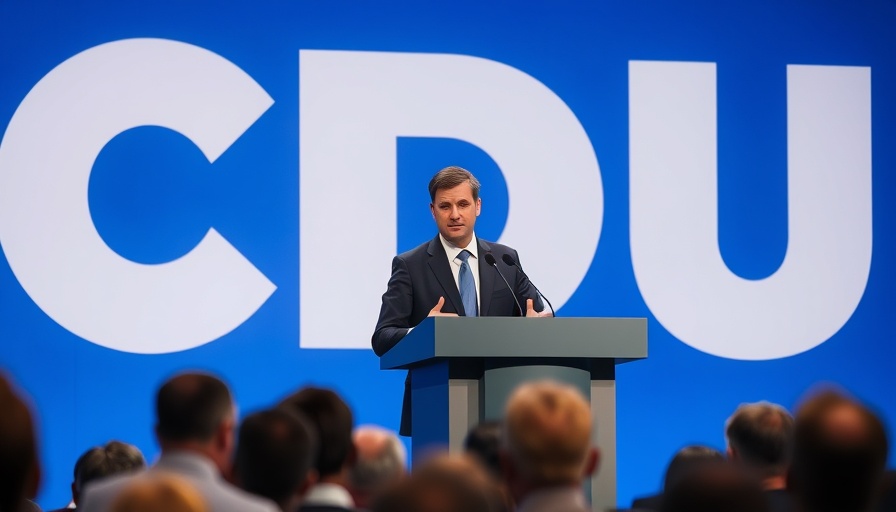 Man speaking on stage at a CDU conference, related to debt relief for municipalities.